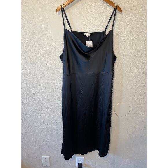 NWT POL Whimsy Goth Silky Spaghetti Strap Draped Neck Midi Black Slip Dress Med - Picture 2 of 16